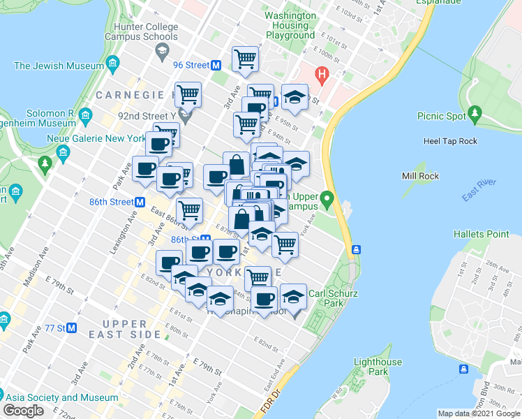 map of restaurants, bars, coffee shops, grocery stores, and more near 352 East 89th Street in New York