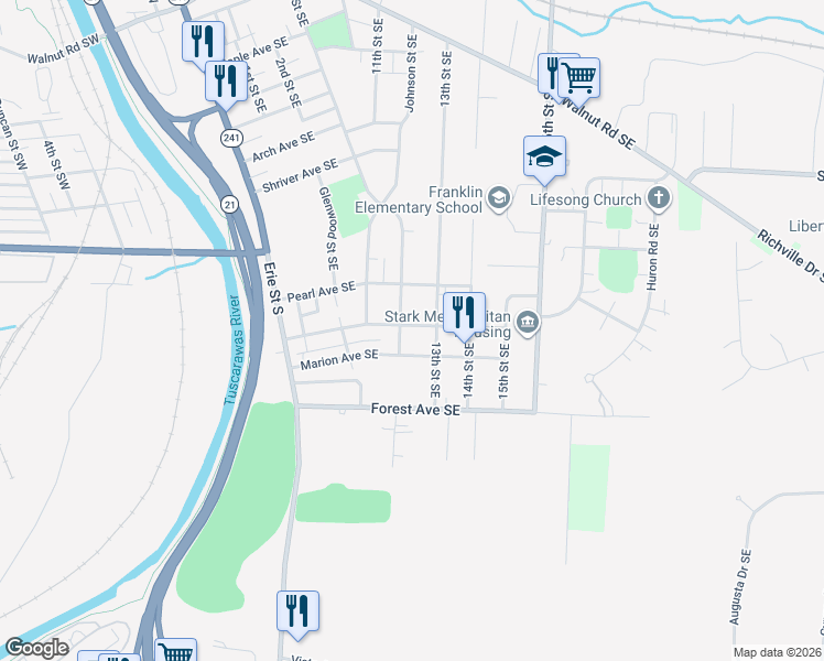 map of restaurants, bars, coffee shops, grocery stores, and more near 1223 Woodland Avenue Southeast in Massillon