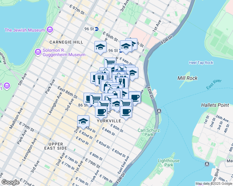 map of restaurants, bars, coffee shops, grocery stores, and more near 389 East 89th Street in New York