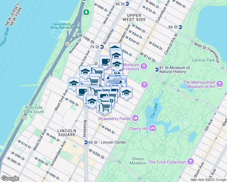 map of restaurants, bars, coffee shops, grocery stores, and more near 105 West 74th Street in New York