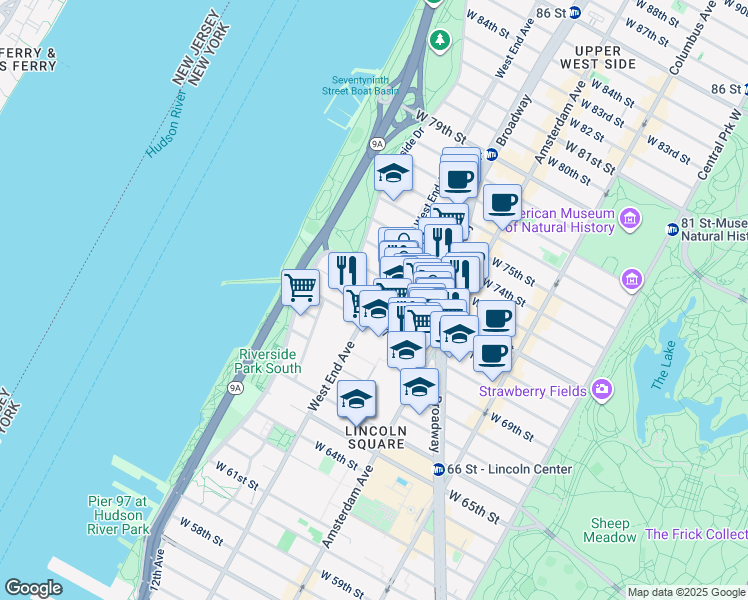 map of restaurants, bars, coffee shops, grocery stores, and more near 298 West 71st Street in New York