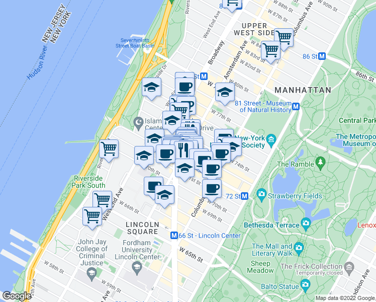 map of restaurants, bars, coffee shops, grocery stores, and more near 275 Amsterdam Avenue in New York