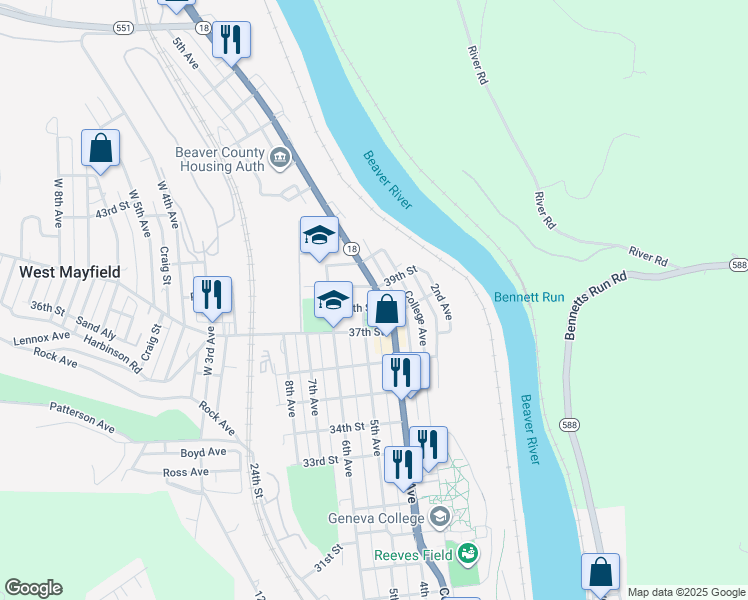 map of restaurants, bars, coffee shops, grocery stores, and more near 3803 4th Ave in Beaver Falls