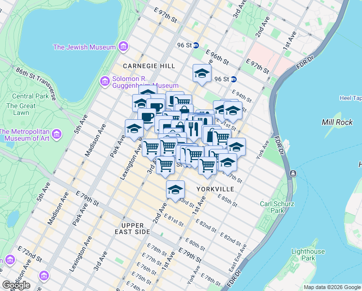 map of restaurants, bars, coffee shops, grocery stores, and more near 229 East 87th Street in New York