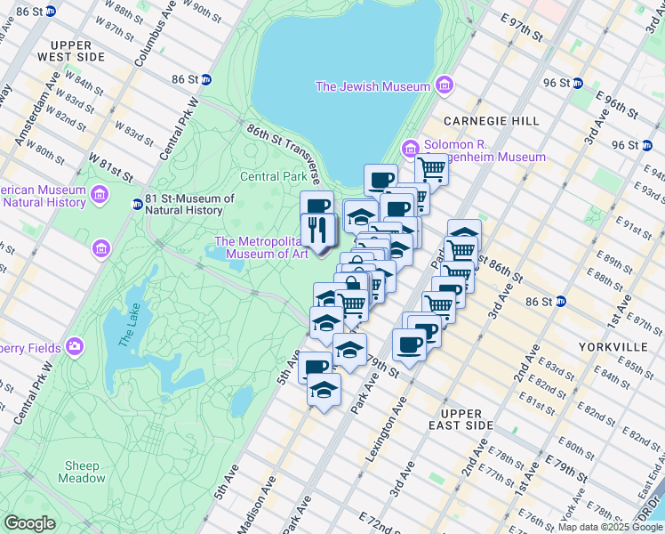 map of restaurants, bars, coffee shops, grocery stores, and more near 1000 5th Avenue in New York