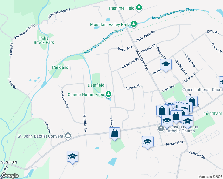 map of restaurants, bars, coffee shops, grocery stores, and more near 2 Maple Avenue in Mendham