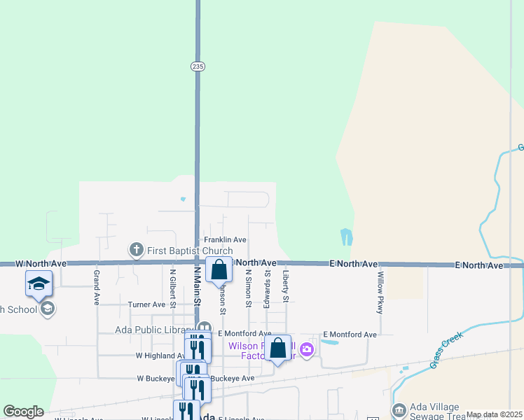 map of restaurants, bars, coffee shops, grocery stores, and more near 746 North Main Street in Ada