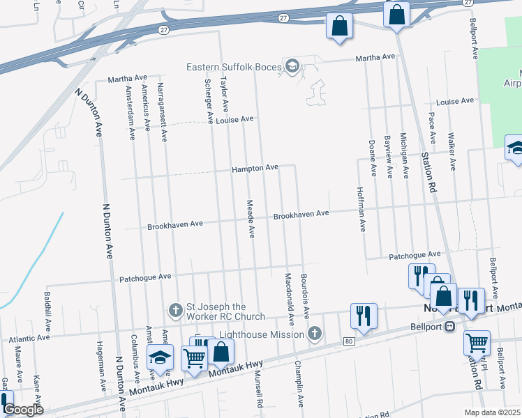 map of restaurants, bars, coffee shops, grocery stores, and more near 710 Provost Avenue in Bellport
