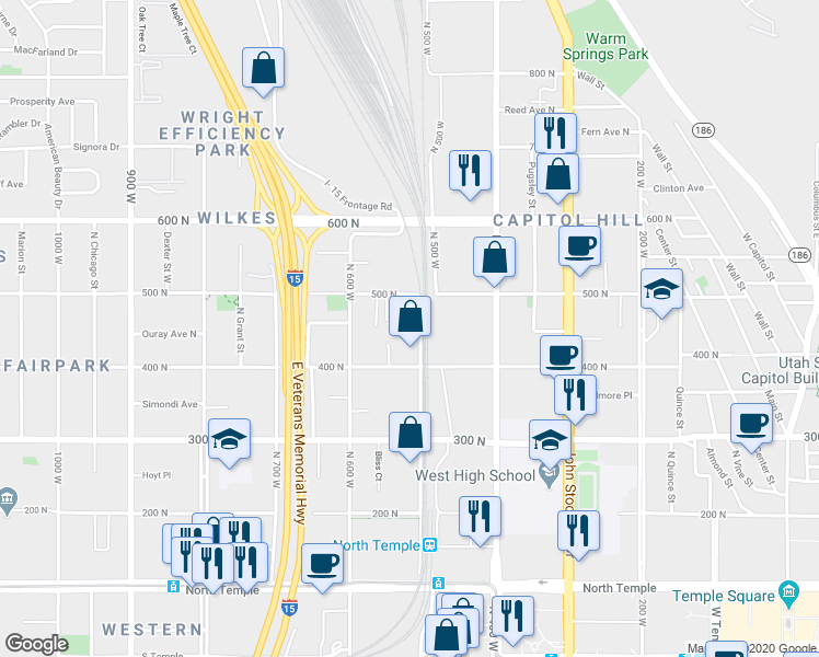 map of restaurants, bars, coffee shops, grocery stores, and more near 437 North 500 West in Salt Lake City