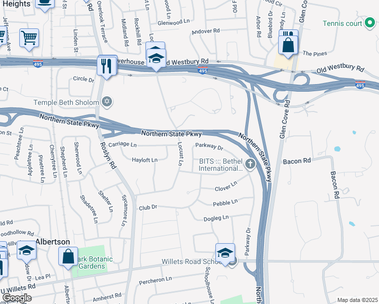map of restaurants, bars, coffee shops, grocery stores, and more near 21 Parkway Drive in Roslyn Heights