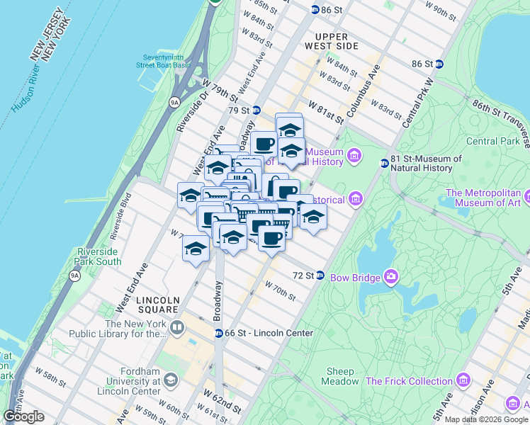map of restaurants, bars, coffee shops, grocery stores, and more near 138 West 74th Street in New York