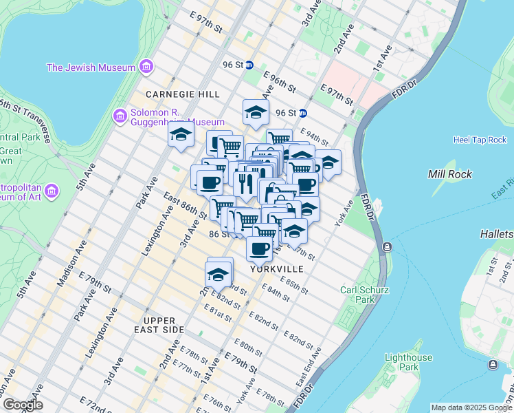 map of restaurants, bars, coffee shops, grocery stores, and more near 1700 2nd Avenue in New York