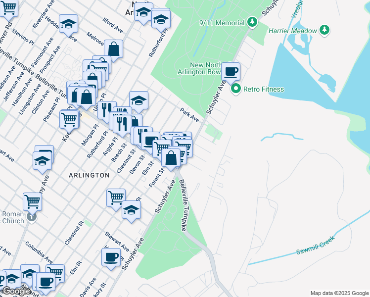map of restaurants, bars, coffee shops, grocery stores, and more near 112 Exton Avenue in North Arlington