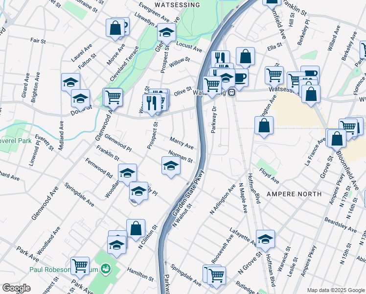 map of restaurants, bars, coffee shops, grocery stores, and more near 37 Marcy Avenue in East Orange