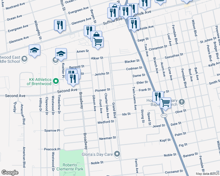 map of restaurants, bars, coffee shops, grocery stores, and more near 156 Pioneer Street in Brentwood