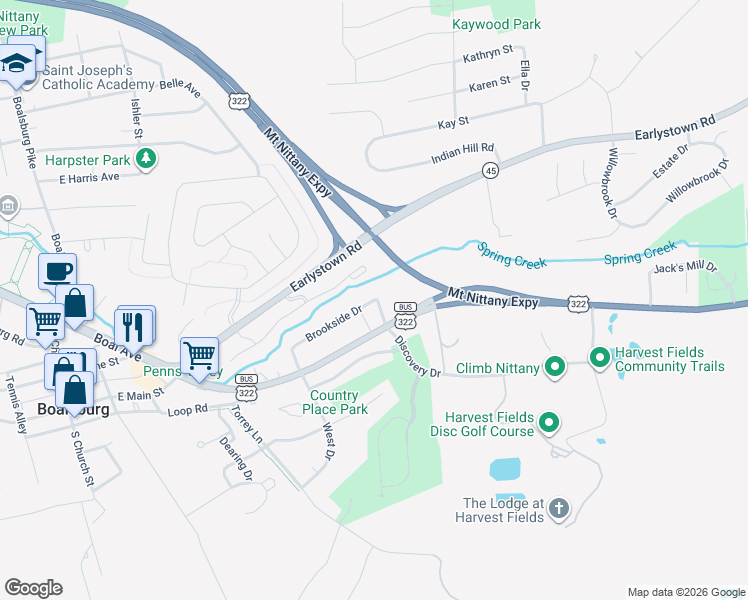map of restaurants, bars, coffee shops, grocery stores, and more near 843 Brookside Drive in Boalsburg