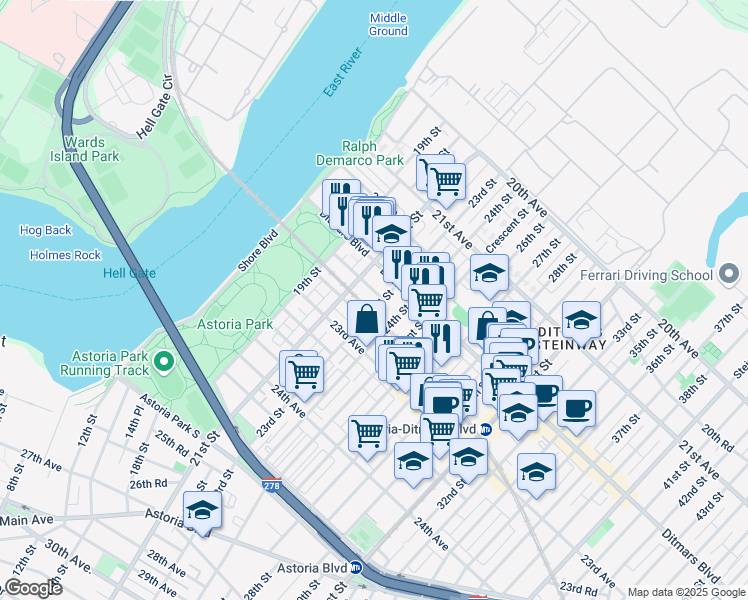 map of restaurants, bars, coffee shops, grocery stores, and more near 22-38 23rd Street in Queens