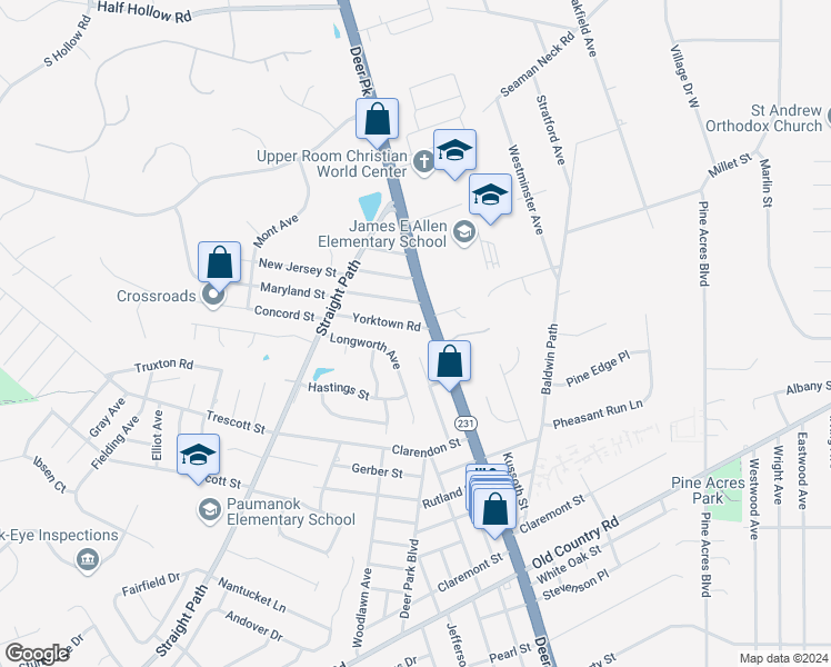 map of restaurants, bars, coffee shops, grocery stores, and more near 26 Yorktown Road in Dix Hills