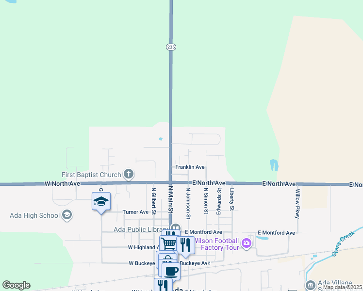 map of restaurants, bars, coffee shops, grocery stores, and more near 746 North Main Street in Ada