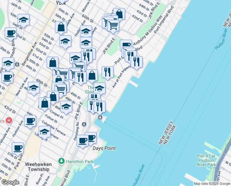 map of restaurants, bars, coffee shops, grocery stores, and more near 28 Port Imperial Boulevard in West New York