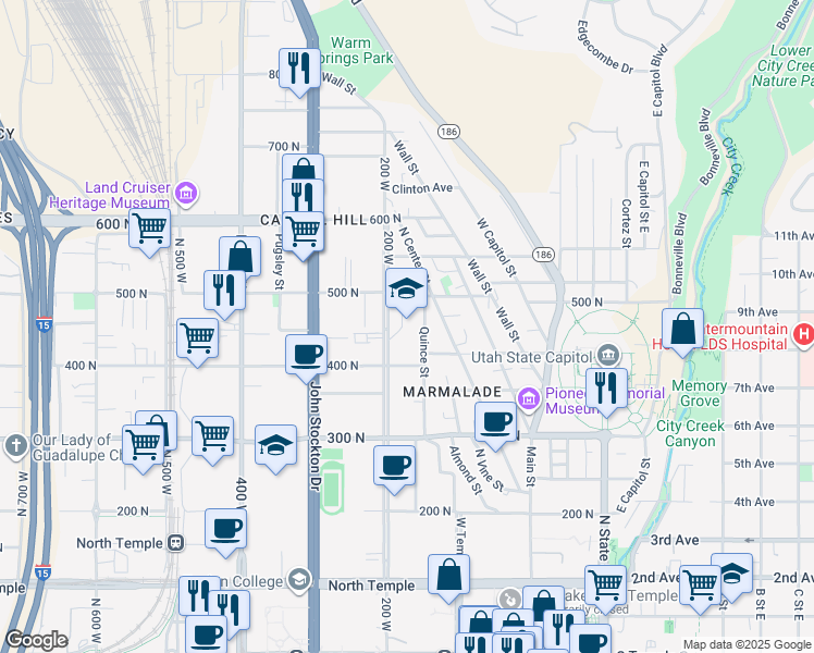 map of restaurants, bars, coffee shops, grocery stores, and more near 426 Quince Street in Salt Lake City