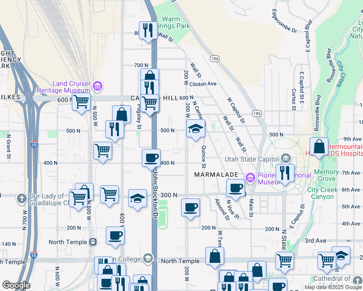 map of restaurants, bars, coffee shops, grocery stores, and more near 441 North 200 West in Salt Lake City