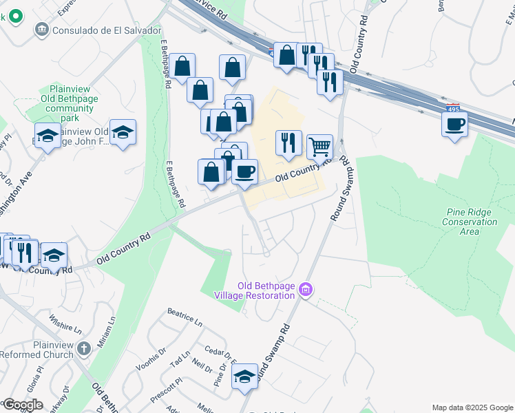 map of restaurants, bars, coffee shops, grocery stores, and more near 39201 Silver Birch Lane in Plainview