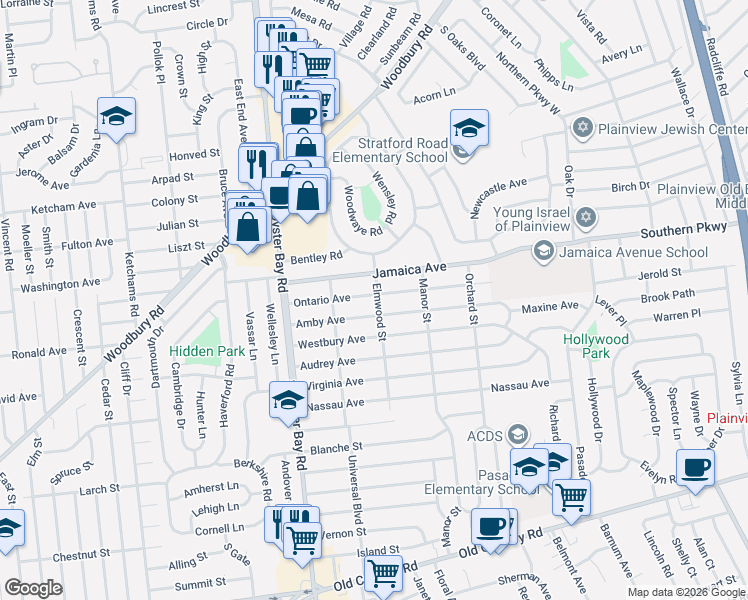 map of restaurants, bars, coffee shops, grocery stores, and more near 82 Elmwood Street in Plainview