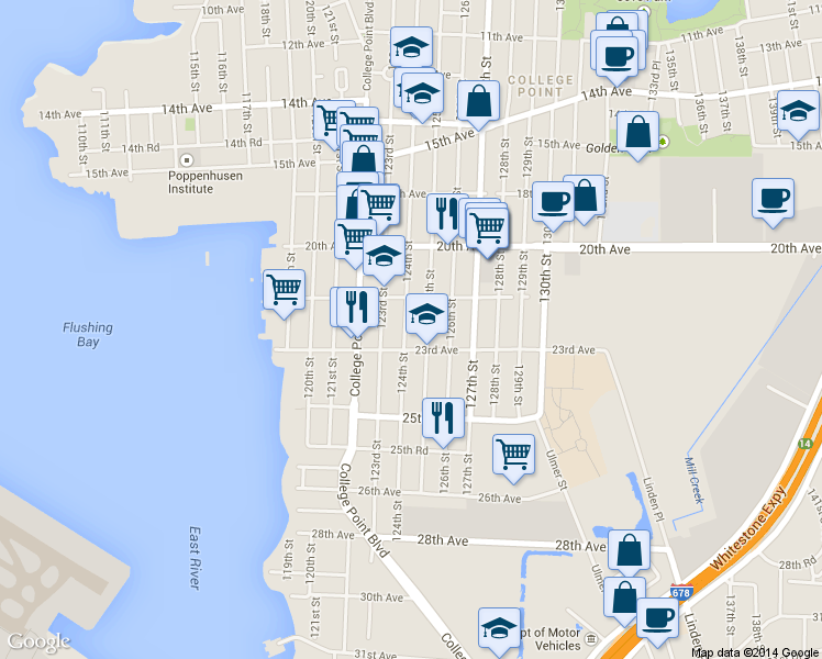 map of restaurants, bars, coffee shops, grocery stores, and more near 22-40 125th Street in Queens