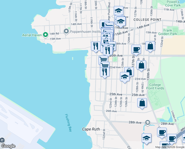 map of restaurants, bars, coffee shops, grocery stores, and more near 22-40 120th Street in Queens