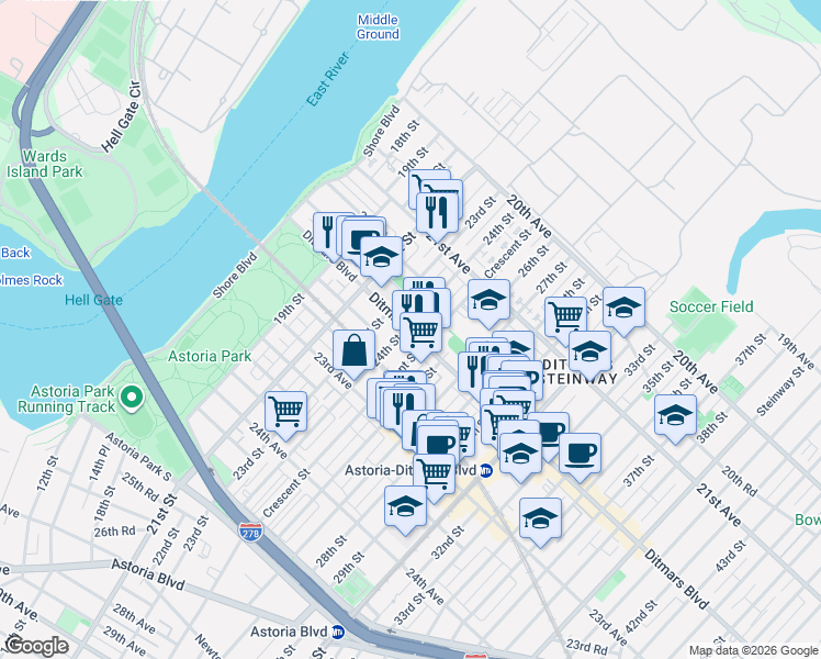 map of restaurants, bars, coffee shops, grocery stores, and more near 22-06 Crescent Street in Queens