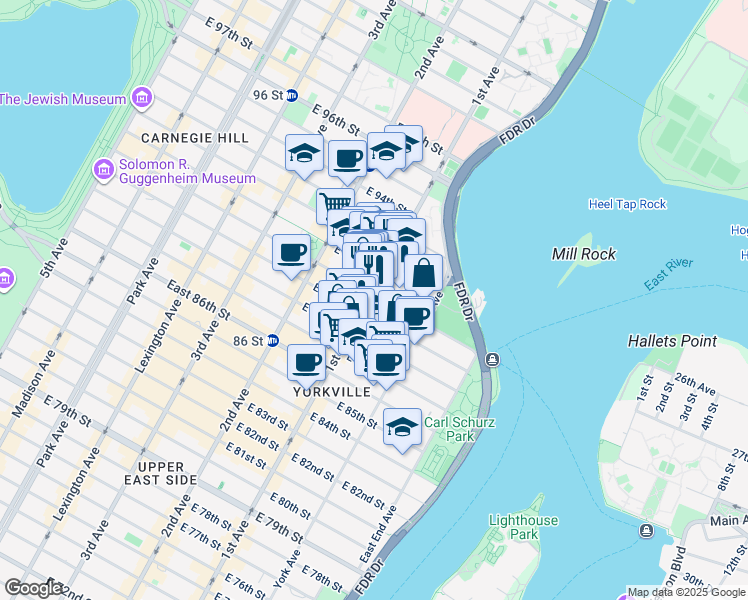 map of restaurants, bars, coffee shops, grocery stores, and more near 402 East 90th Street in New York