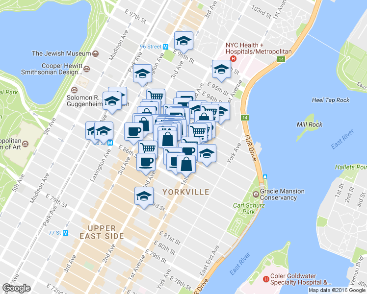 map of restaurants, bars, coffee shops, grocery stores, and more near 311 East 88th Street in New York