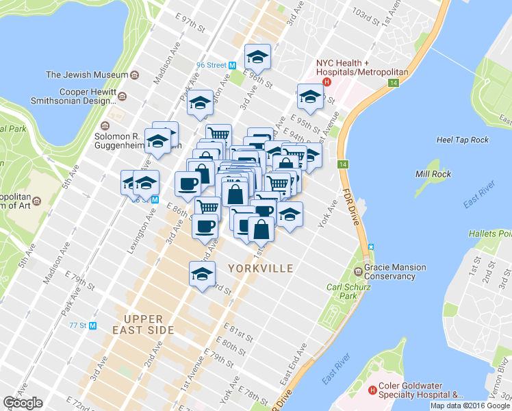map of restaurants, bars, coffee shops, grocery stores, and more near 311 East 88th Street in New York