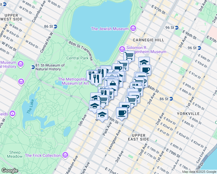 map of restaurants, bars, coffee shops, grocery stores, and more near 445 Park Avenue in New York