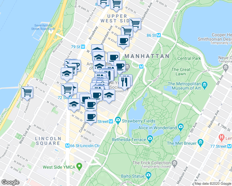 map of restaurants, bars, coffee shops, grocery stores, and more near 22 West 76th Street in New York