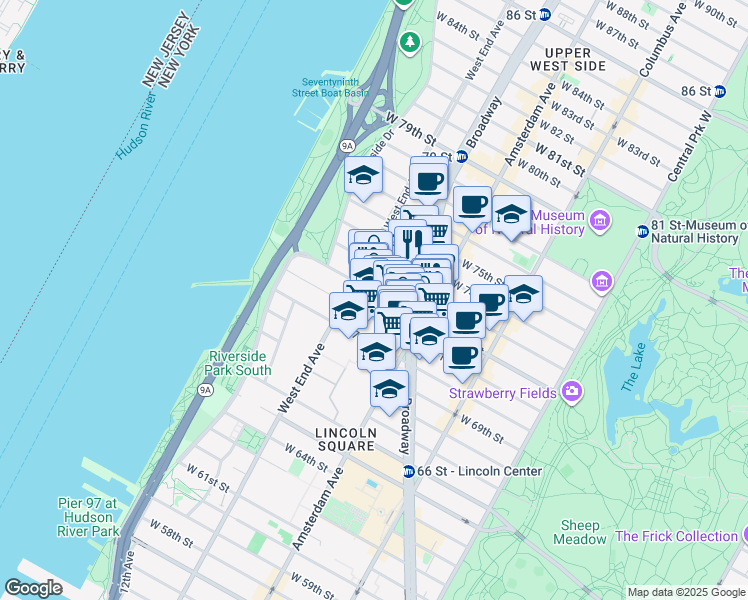 map of restaurants, bars, coffee shops, grocery stores, and more near 224 West 72nd Street in New York