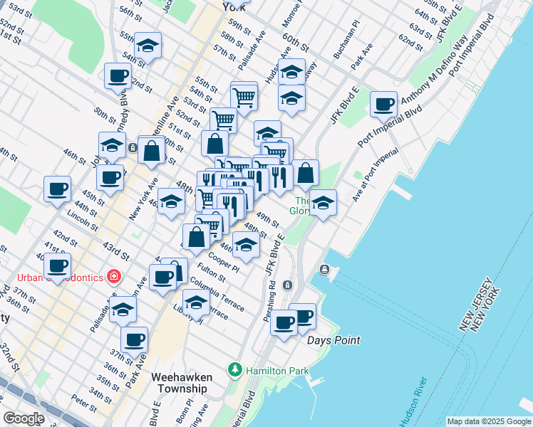 map of restaurants, bars, coffee shops, grocery stores, and more near 29 49th Street in Weehawken