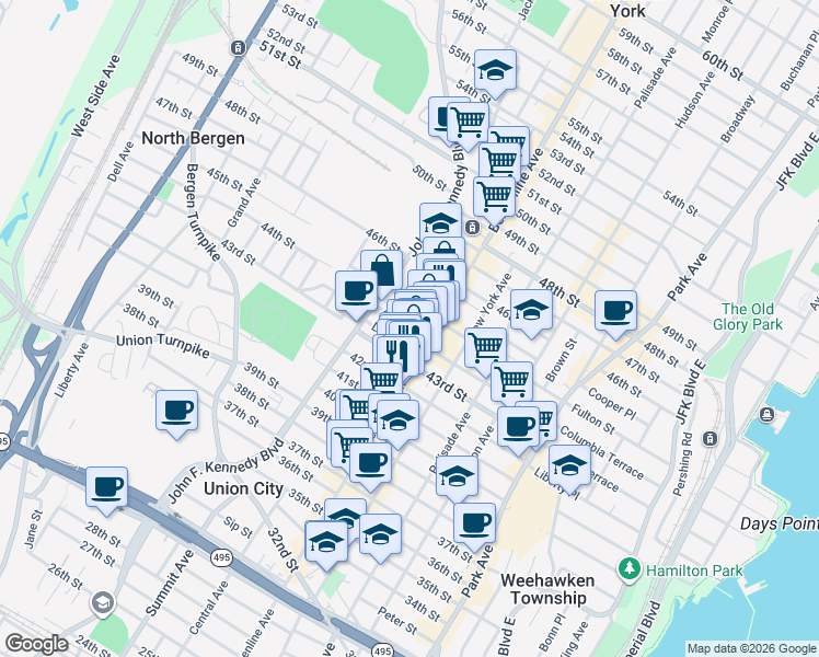 map of restaurants, bars, coffee shops, grocery stores, and more near 516 Lincoln Street in Union City