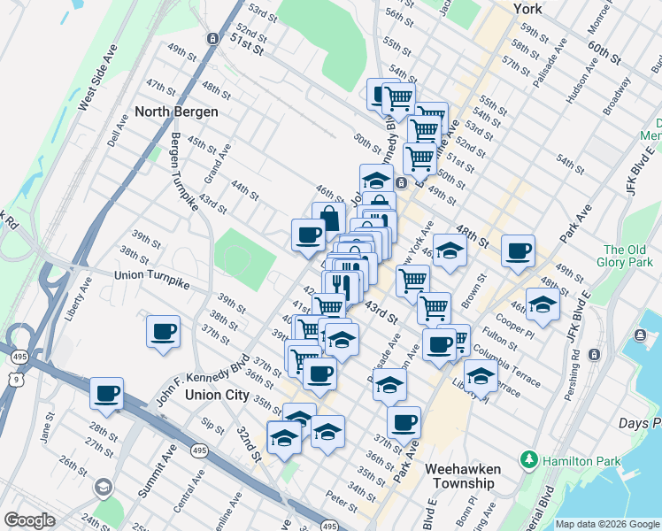 map of restaurants, bars, coffee shops, grocery stores, and more near 516 Lincoln Street in Union City