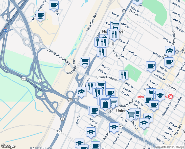 map of restaurants, bars, coffee shops, grocery stores, and more near 1626 Union Turnpike in North Bergen