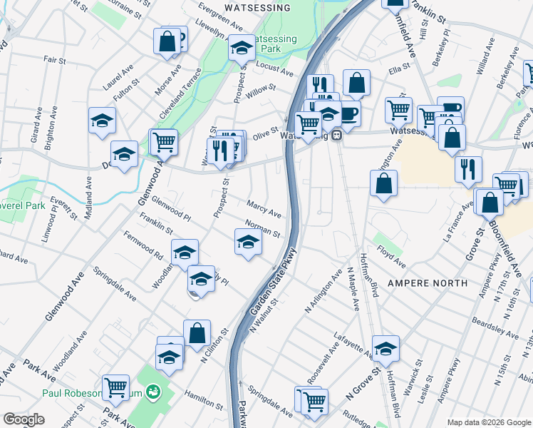 map of restaurants, bars, coffee shops, grocery stores, and more near 37 Marcy Avenue in East Orange