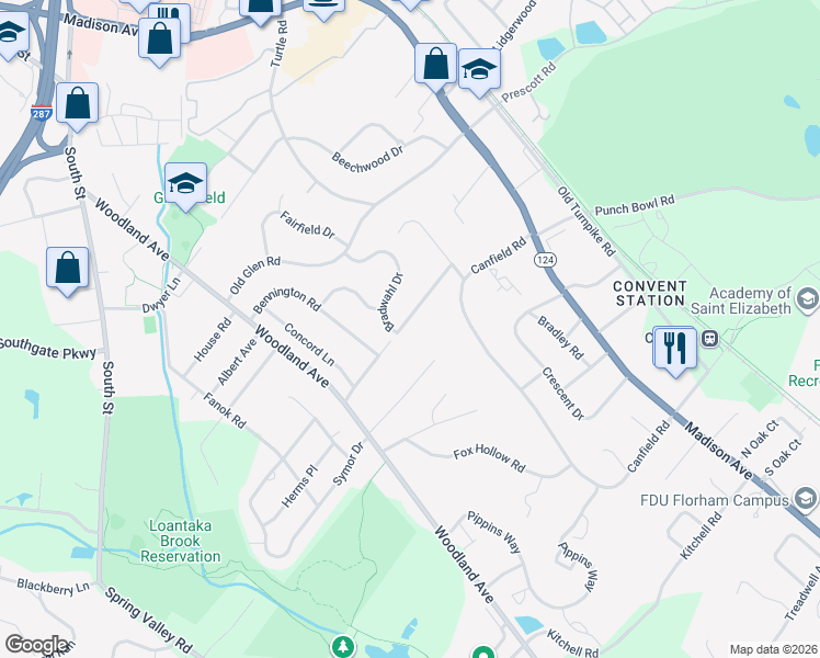 map of restaurants, bars, coffee shops, grocery stores, and more near 28 Bradwahl Drive in Morristown