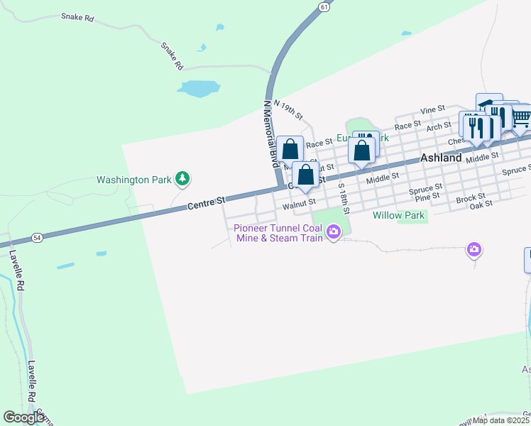 map of restaurants, bars, coffee shops, grocery stores, and more near 2200 Walnut Street in Ashland