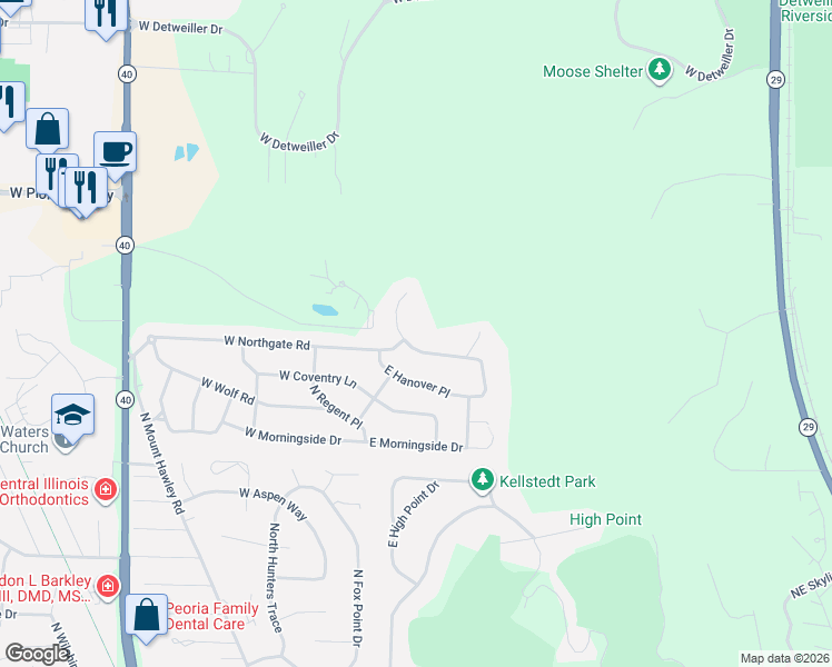 map of restaurants, bars, coffee shops, grocery stores, and more near 105 East Northgate Road in Peoria