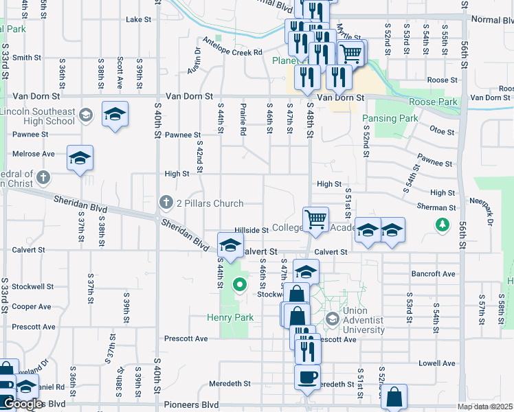 map of restaurants, bars, coffee shops, grocery stores, and more near 3345 South 46th Street in Lincoln
