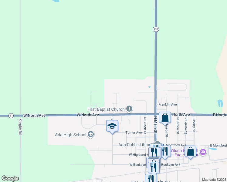 map of restaurants, bars, coffee shops, grocery stores, and more near 802 Autumn Drive in Ada