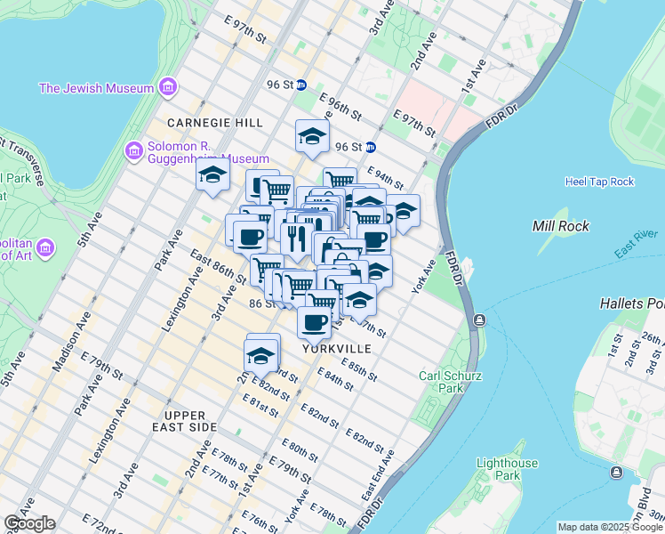 map of restaurants, bars, coffee shops, grocery stores, and more near 316 East 89th Street in New York