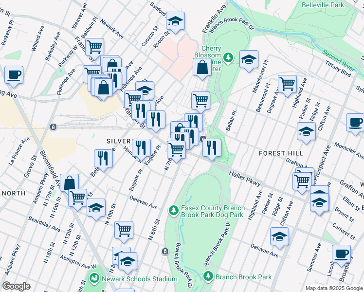 map of restaurants, bars, coffee shops, grocery stores, and more near 263 Heller Parkway in Newark