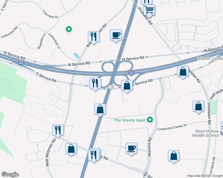 map of restaurants, bars, coffee shops, grocery stores, and more near 1172 South Service Road in Melville